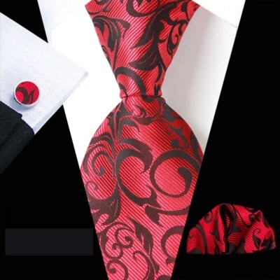 Nuevo Clásico Floral Rojo Jacquard Seda Para Hombre Corbata Corbata Pañuelo Conjunto de Gemelos Foto 1 de 4