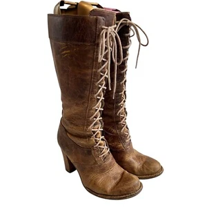 Frye boots womens size 9 brown leather Village Lace Up high heeled tall zip - Picture 1 of 13