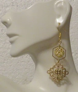 Gold-Colored 2" Dangle Earring with Open Hexagon Floral Design - Picture 1 of 3