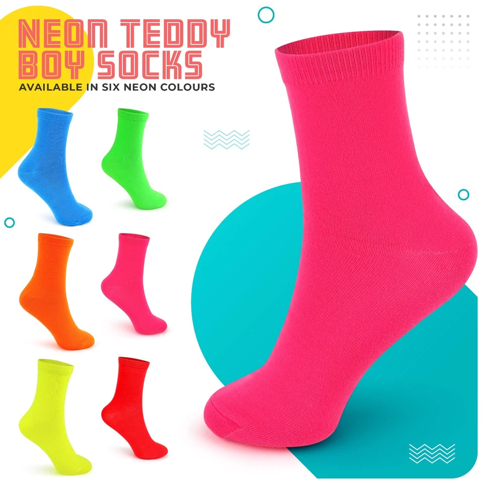 Men's Neon Teddy Boy Socks Mens Bright Fancy Dress Socks 6-11 - Image 1 of 4