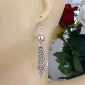 Sparkly Silver Disco Ball Waterfall Drop Chain Dangle Hook Earrings 3" - Bild 1 von 4
