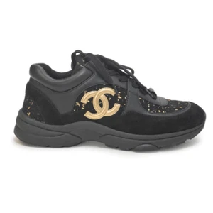 CHANEL Black Leather and Suede Low Top Sneakers 6.5 - Picture 1 of 14