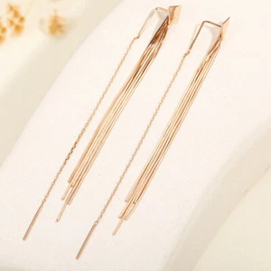 Real Au750 18K Rose Gold Lucky Snake Chain Tassels Woman Dangle Earrings Line - Picture 1 of 5