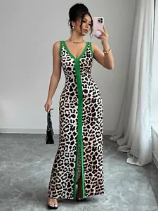 Leopard Print Maxi Dress with Contrast Trim – Elegant Sleeveless V-Neck Gown - Picture 1 of 19
