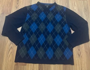 Banana Republic Sweater Mens Medium Italian Merino Argyle V Neck Navy - Picture 1 of 7