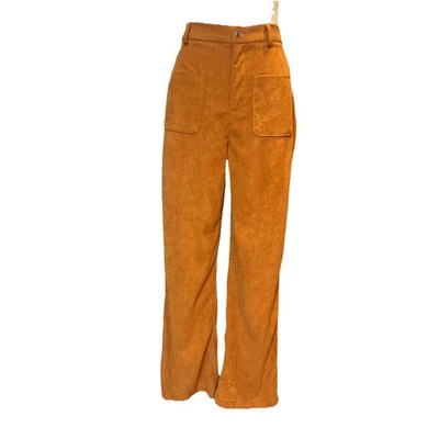 Pantalones para mujer de cintura media alta de pana pierna ancha naranja plisado naranja óxido Foto 1 de 4