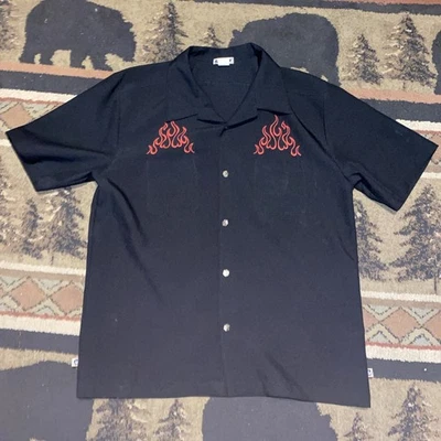 Vintage 90s YMLO Button Up Shirt Size Large Black GAMBLER DICE FLAMES USA Made - Image 1 of 4