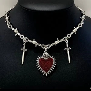Rotes Herz Schwert Rose Stacheldraht Halskette Damen Gothic Halloween Punk 19 Zoll Neu - Bild 1 von 1