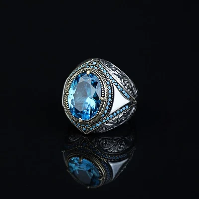 925 Серебряный Османский синий драгоценный камень аквамарин камень кольцо - Изображение 1 из 4
