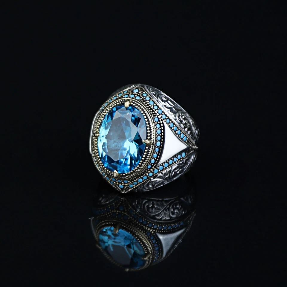 Anillo otomano de plata 925 con piedras preciosas azules aguamarina Foto 1 de 4