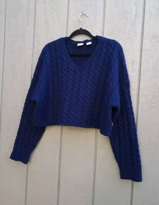 Levis Cropped Wool Sweater Chunky Cable Knit XL Navy Blue V Neck Fisherman Large - Picture 1 of 24