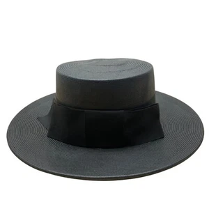 Vintage Luci Junior Black Straw Boater Hat With Ribbon Band - Picture 1 of 9