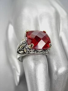 *NEW* Designer Inspired Red Garnet CZ Crystal Silver Gold Balinese Ring - Picture 1 of 5