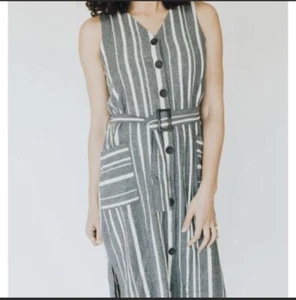 Carly Jeans Los Angeles Summerland Dress Grey White Vertical Stripes Sz Medium - Picture 1 of 8