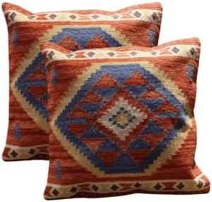 Handmade 100% Wool Kilim Pillow Cover – 18X18 Inches, Durable Indian Cushion Cas - Picture 1 of 5