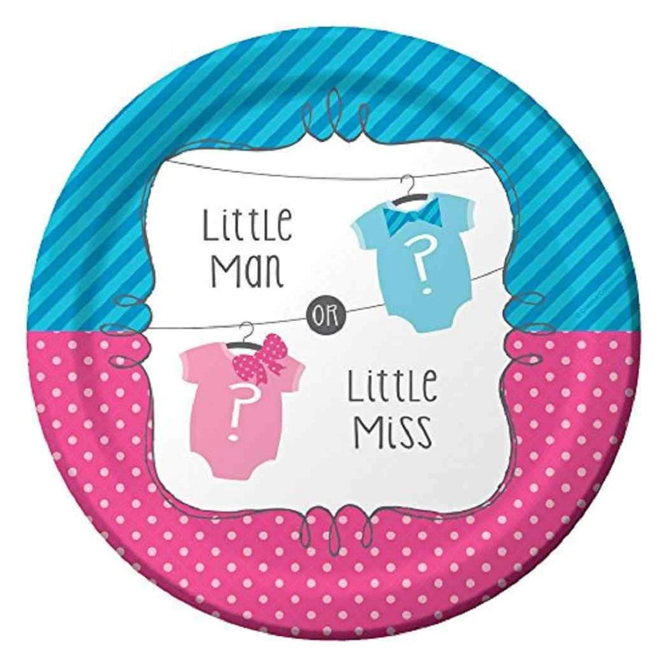 Bow or Bowtie Gender Reveal Pink Blue Baby Shower Party 7" Paper Dessert Plates - Image 1 of 1