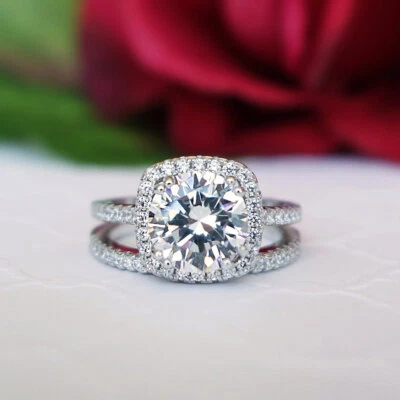 2.3CT White Round Cut Moissanite Halo Engagement Wedding 14K White Gold Ring Set - Image 1 of 4