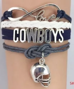 Bellissimo braccialetto Dallas Cowboy Infinity unisex in vera pelle e placcato argento - Foto 1 di 3