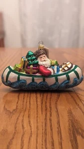Santa in Canoe Christmas Tree Glass Ornament Bergdorf Goodman Holiday  - Picture 1 of 8