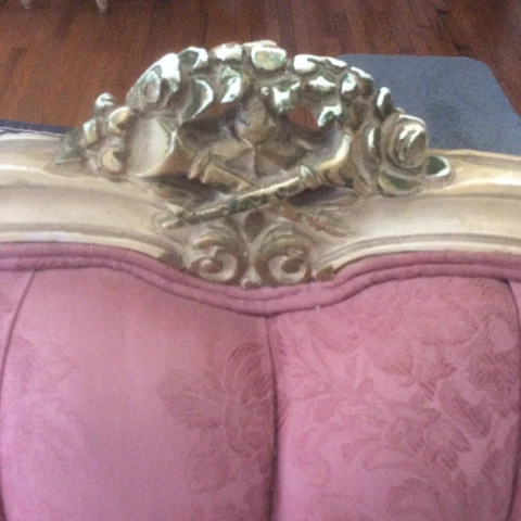 Vintage Carved musical horns French Provincial Sofa 86” long Hoke Furniture Cover