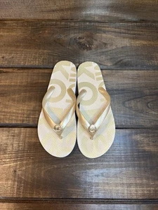 Michael Kors MK Logo Branded PVC Jet Set Beige & Gold Flip Flops Women Size 9 - Picture 1 of 11