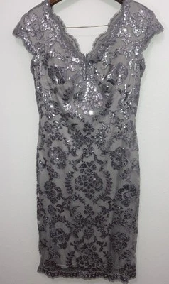 Classy Cocktail Party/Wedding Tadashi Shoji V Neck Dress Silver Sequin Lace Sz10 - Image 1 of 4