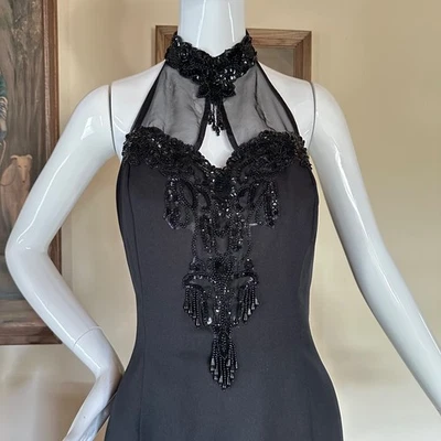 Mini Vestido Halter Gargantilla LBD Vintage Años 80 Con Cuentas Cóctel Glam Rock M/L Foto 1 de 4