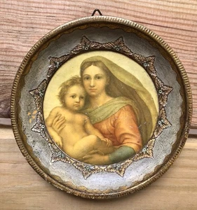 ANTIQUE Florentia Wood Hand Made In Italy Raphael’s Sistine Madonna 4.5” D - Picture 1 of 9