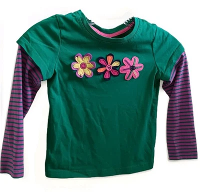 Hanna Andersson Girls Boho Hippie Green With Purple Stripe Sleeve Shirt Size 5 - Image 1 of 4