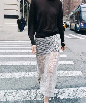 Zara Grey Crochet Sequin Midi Skirt, UK Size L 12-14 Ibiza Sheer Spliced - Image 1 of 4