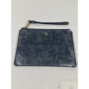 Cole Haan Navy Blue Metallic Leather Wristlet Zip Top Pouch Clutch Bag - Bild 1 von 7