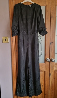 BNWOT La Redoute Black Jaquared Print Wide Leg Jumpsuit 3/4 Sleeves Size 8 - Image 1 of 4