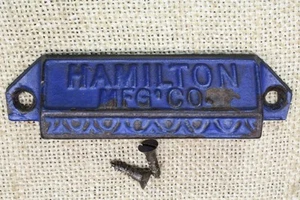 Old Drawer Pull Handle Hamilton Mfg Printing Type Cast Iron Vintage Rustic Blue - Picture 1 of 9