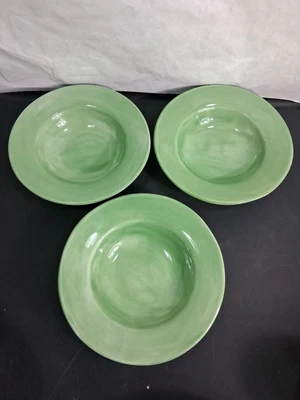 3 Vintage Pottery Barn Sausalito Green Ceramic Large Rim Soup Salad Bowls NEW - Image 1 of 4