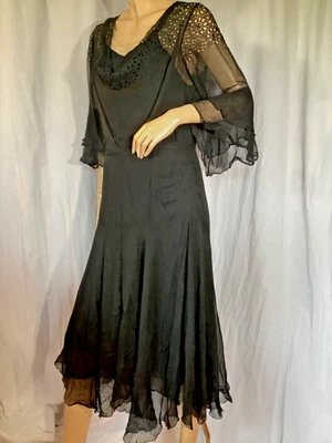 Vintage black 1930’s Day Dress silk chiffon Flapper hanky hem S/M cowl neck Lace - Image 1 of 4