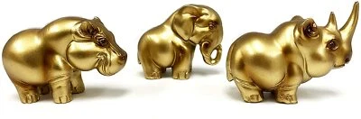 Set of 3 Gold Animal Statues Rhinoceros Elephants Hippopotamus Figurines Decors - Image 1 of 4