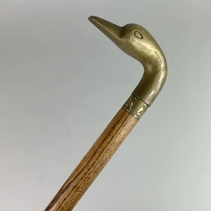 Vintage Wooden & Brass Head Duck Cane Handle 34.5” Walking Stick - Picture 1 of 9