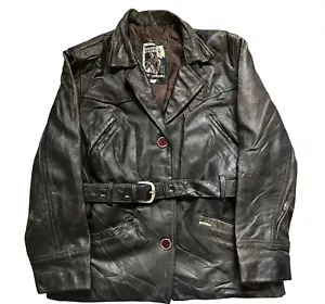 Giacca vintage Masters in pelle cerata marrone con cintura - taglia small uomo - Foto 1 di 14