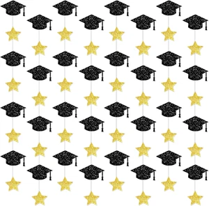 , Glitter Graduation Cap Garland, 10 Feet - 8 String, No DIY | Black and Gold Gr - Picture 1 of 12