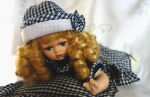 Doll Porcelain Head Cloth Body Gingham Dress Blonde Curls Precious! - Picture 1 of 13