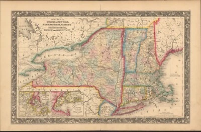 Nueva York NH VT CT MA RI 1860 color a mano Mitchell mapa antiguo 23,5" x 15,2" Foto 1 de 4