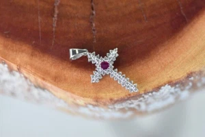 14k White Gold Ruby 1/2CT Diamond Cross Pendant Charm Elegant Fancy Modern Fine - Picture 1 of 10