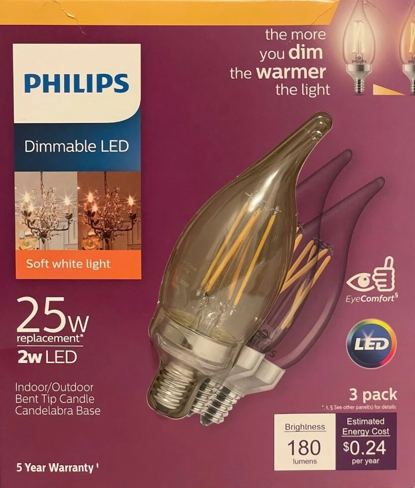 3 Philips 25-Watt Clear B13 Flame Tip LED Bulbs w/Candelabra Base - Dimmable - Image 1 of 1