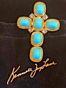 Broche cruzado grande y majestuoso vintage de Kenneth J. Lane turquesa y cristal - Imagen 1 de 6