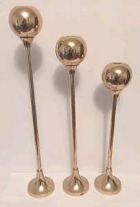 MCM Brass Ball Candle Holder Set of 3 Gold Minimalist Sphere Orb Candlestick VTG - Picture 1 of 4