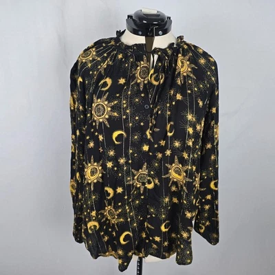 Torrid Blouse Women's 1X Black Gold Moon Print Long Sleeve Tie Mock Neck NWT - Image 1 of 4