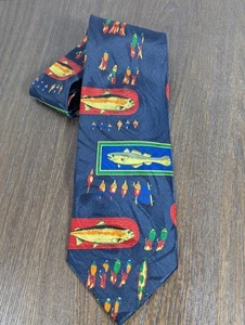 Vintage Beverly Hills Polo Club Fisch & Köder Krawatte marineblau Forelle Neuheit 58 Zoll  - Bild 1 von 6