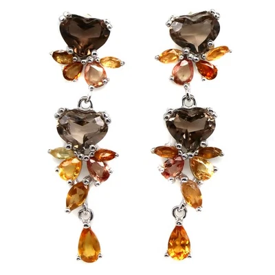 Plata de ley 925 7 x 7 mm. Pendientes de cuarzo ahumado y zafiro de colores elegantes Foto 1 de 4