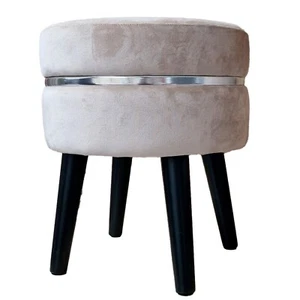 Pouf Velluto Rotondo color Beige con Effetto Striscia Argento - Foto 1 di 6