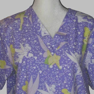 Wonderful World of Disney Tinkerbell Tink Scrub Top Small Purple Hearts Love - Picture 1 of 6